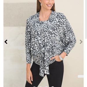 Chicos Animal Print Soft Cozy Knit Tie Cardigan Large